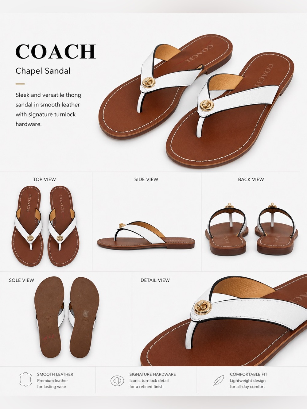 Coach Charee White Leather Thong Sandals | Gold Turnlock Logo, summer flip flops